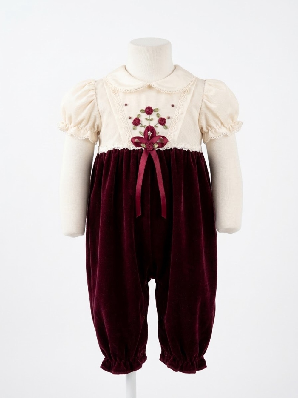 Velvet Burgundy and Cream Baby Romper with Floral Applique